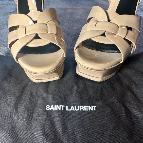 SAINT LAURENT YSL Tribute Platform Leather Sandal Nude Size 37.5, w/ Box & Bags - Picture 2 of 14